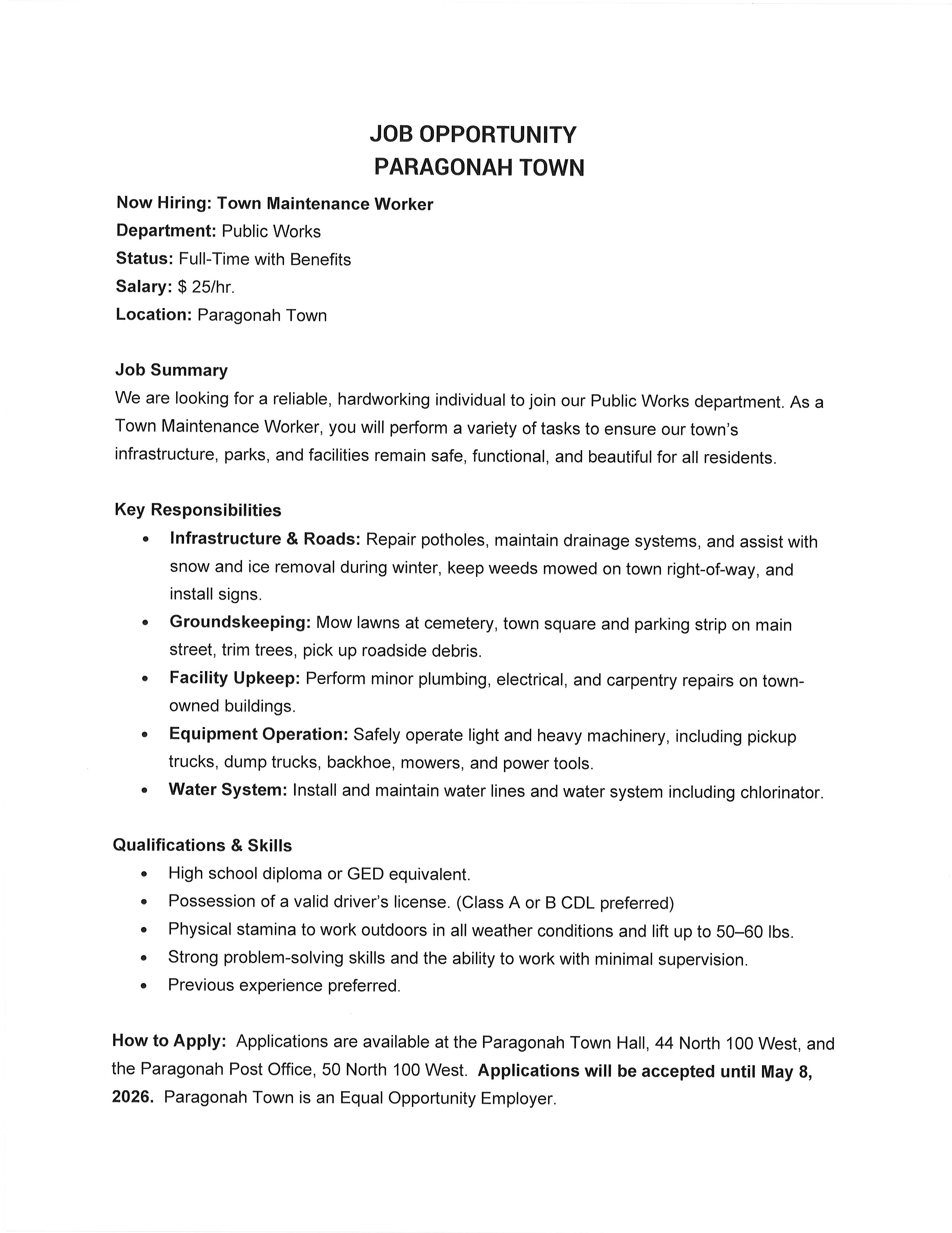 JOB OPPORTUNITY TOWN MAINT WORKER